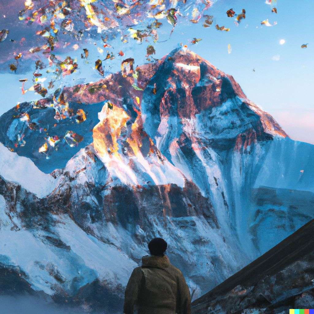 someone gazing at Mount Everest, covered in exploding crystals